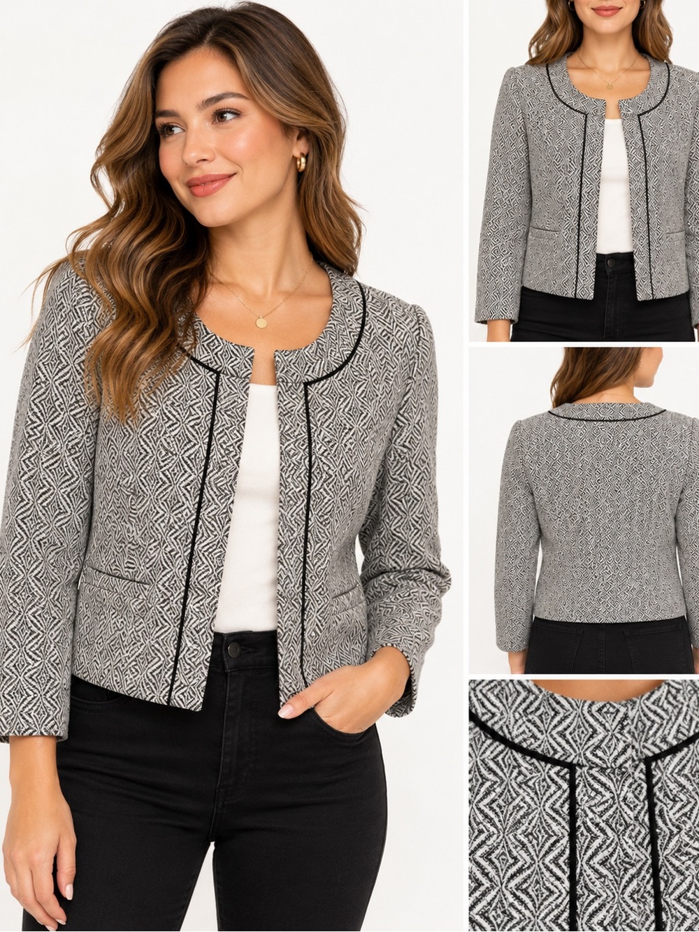 Women's Grey Patterned Open-Front Jacket with Black Trim